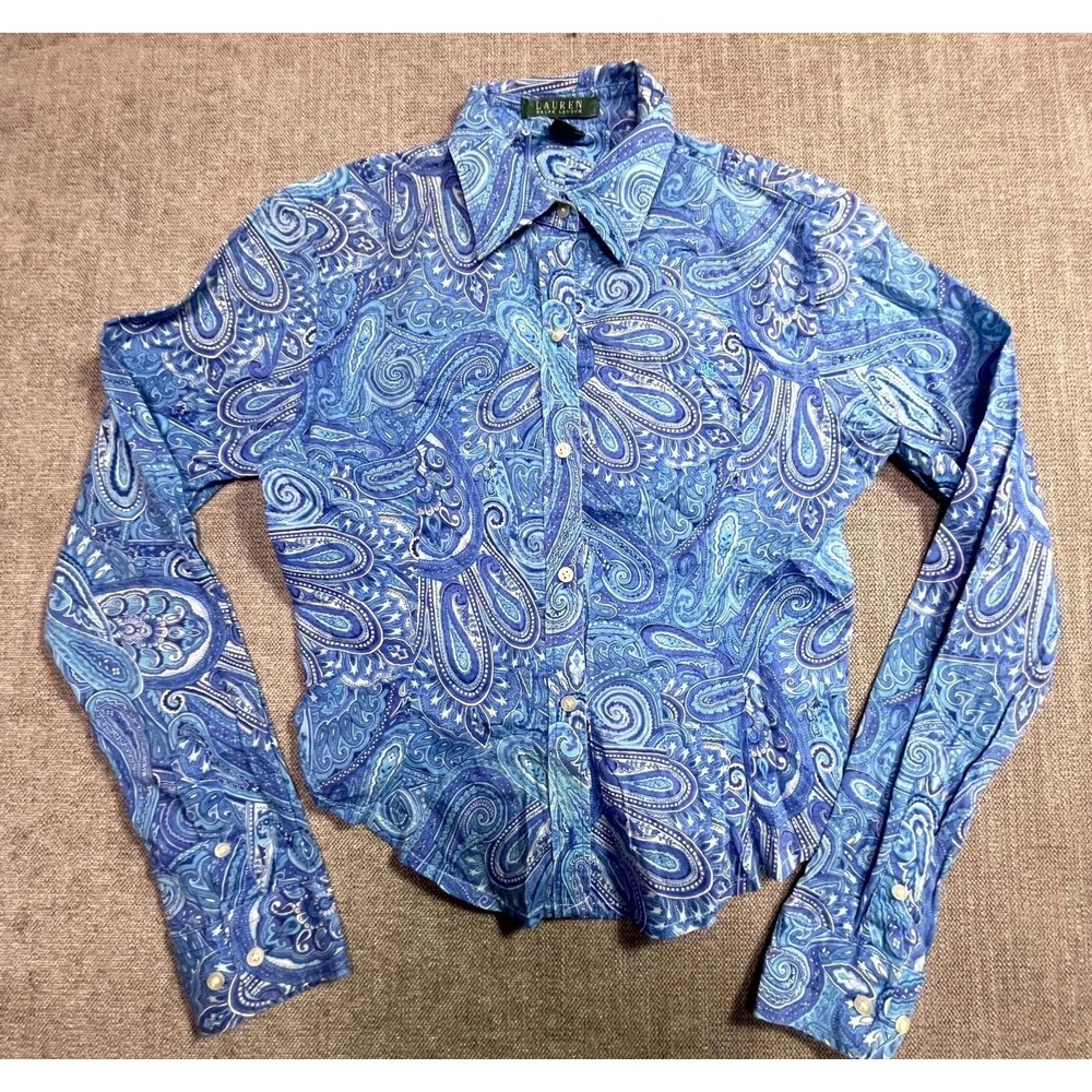 Lauren Ralph Lauren Womens Medium Blue Paisley Cotton Button Up Shirt